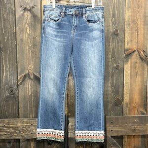 Blank NYC Kick Flare Jeans 29 Embroidered Design Fringe Tassels Boho High Rise
